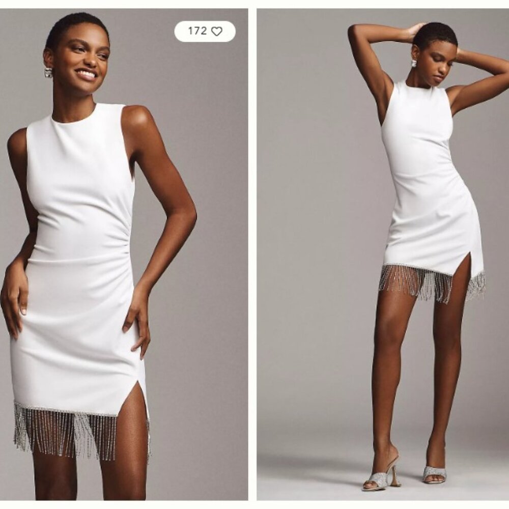 Elliatt Sleeveless Ruched Crystal Fringe White Mini Dress